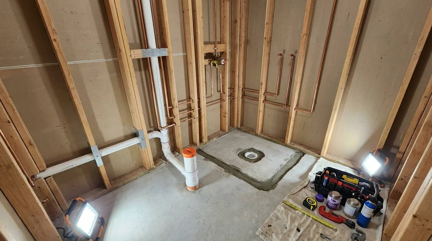 Bathroom rough-in plumbing during remodel by Johns Plumbing LLC in Muse