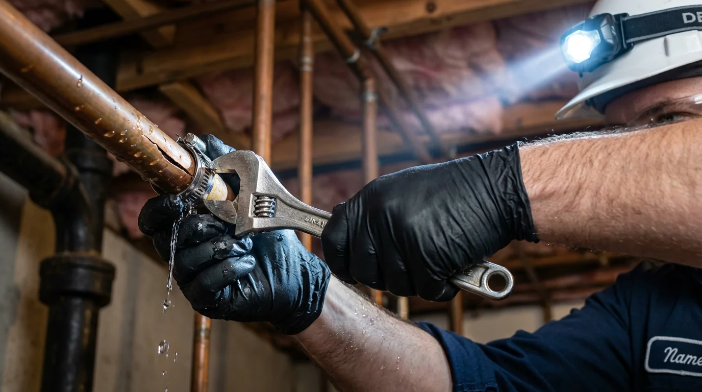 Emergency pipe clamp repair being performed by a Johns Plumbing LLC plumber in Muse